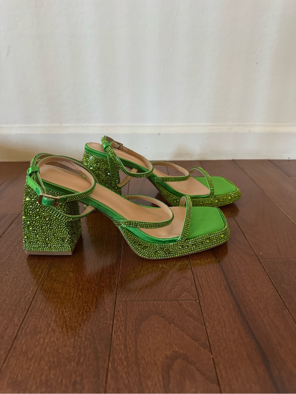 Green Crystal Block Heel Sandals